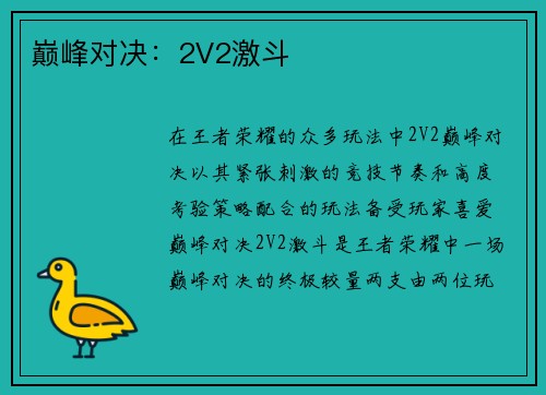巅峰对决：2V2激斗